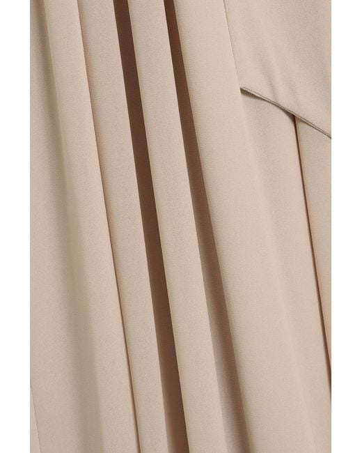 Mikael Aghal Natural Pussy-Bow Pleated Chiffon Maxi Dress