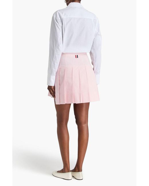 Thom Browne Pink Pleated Striped Cotton-Seersucker Mini Skirt