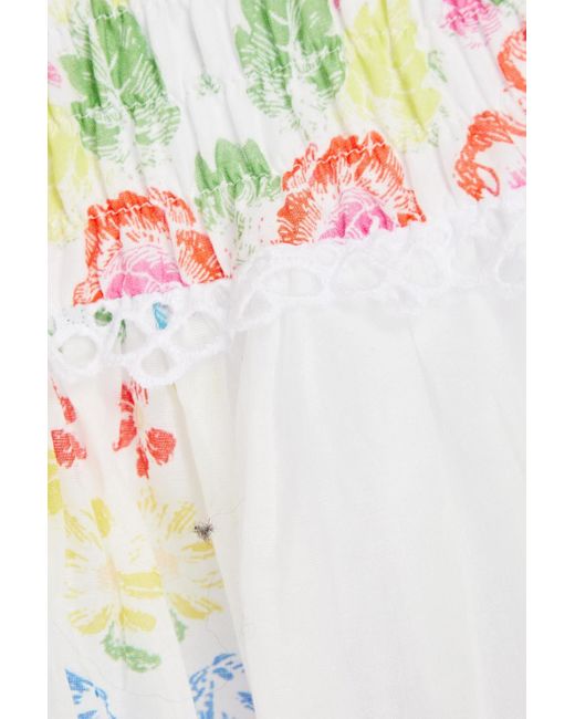 Charo Ruiz White Yane Shirred Floral-print Cotton-blend Voile Mini Skirt