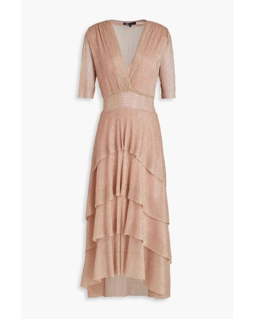 Maje Natural Tiered Metallic Ribbed-knit Midi Dress