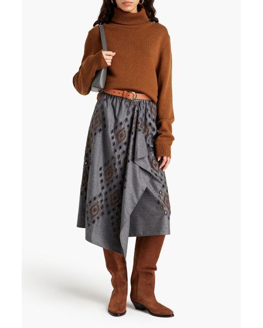 Brunello Cucinelli Gray Wrap-effect Embellished Draped Wool Midi Skirt