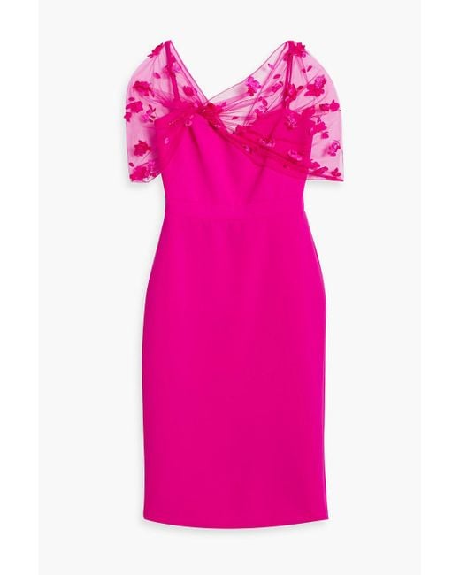 THEIA Pink Appliquéd Mesh-paneled Woven Dress