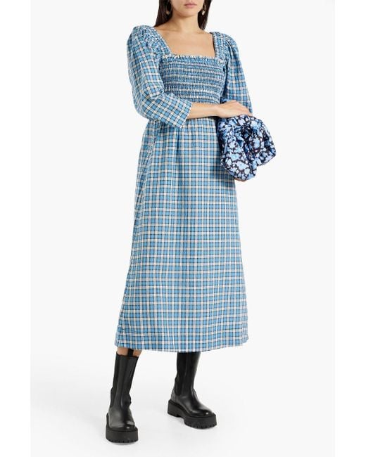 Ganni Blue Shirred Checked Cotton-blend Seersucker Midi Dress