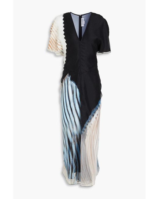 Victoria Beckham Blue Ruched Printed Organza Midi Dress