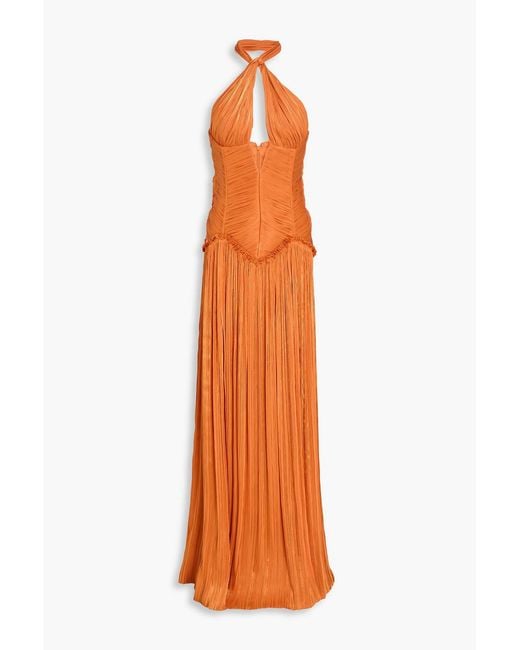 Costarellos Orange Ruffled Plissé-georgette Halterneck Gown