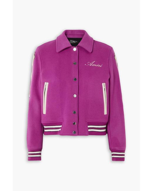Amiri Pink Bones Appliquéd Wool-Blend Bomber Jacket