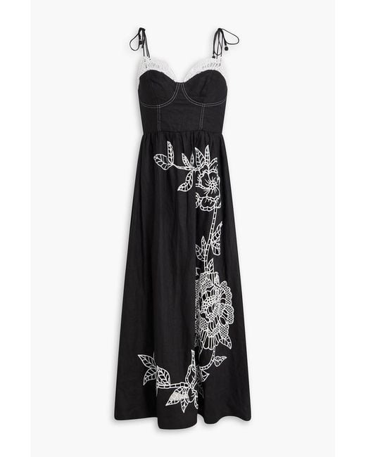Farm Rio Black Embellished Linen Midi Dress