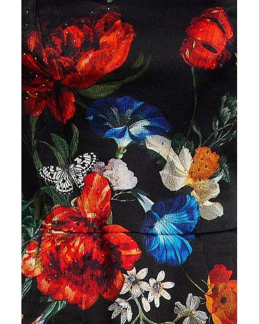 Camilla Red Floral-Print Embellished Silk-Blend Crepe Peplum Bustier Top