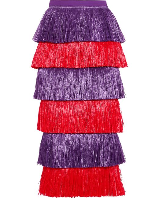 Stella Jean Purple Fringed Raffia-paneled Cotton-canvas Midi Skirt