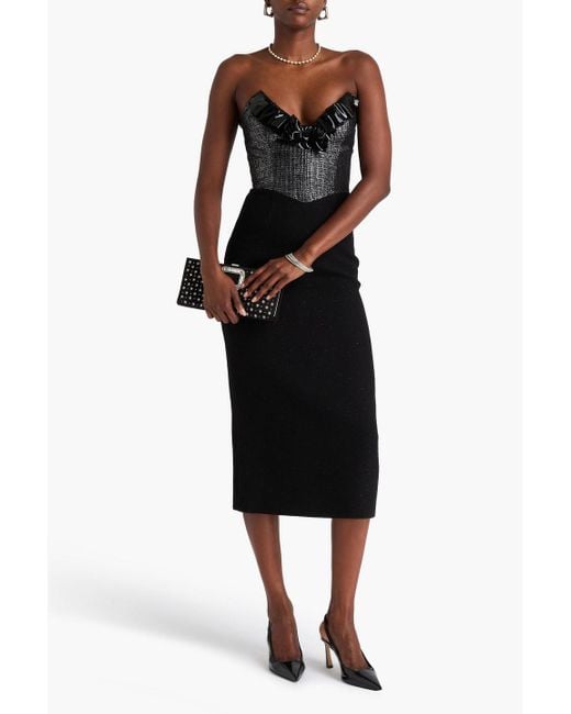 Alessandra Rich Black Strapless Ruffled Vinyl And Metallic Tweed Midi Dress