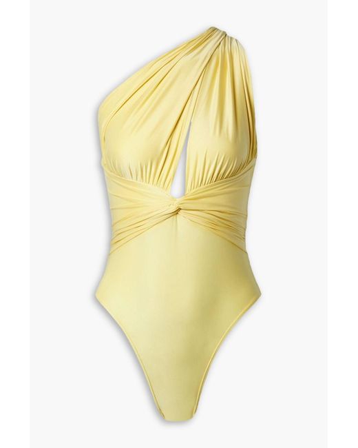 Fleur du Mal Yellow One-shoulder Ruched Satin Thong Bodysuit