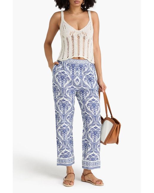 Farm Rio Blue Pleated Printed Linen-blend Straight-leg Pants