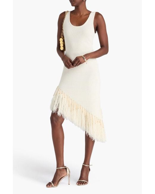 Rabanne White Asymmetrisches midikleid aus leinen mit fransen