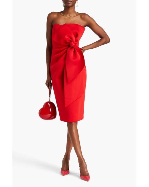 Badgley Mischka Red Strapless Bow-detailed Scuba Dress