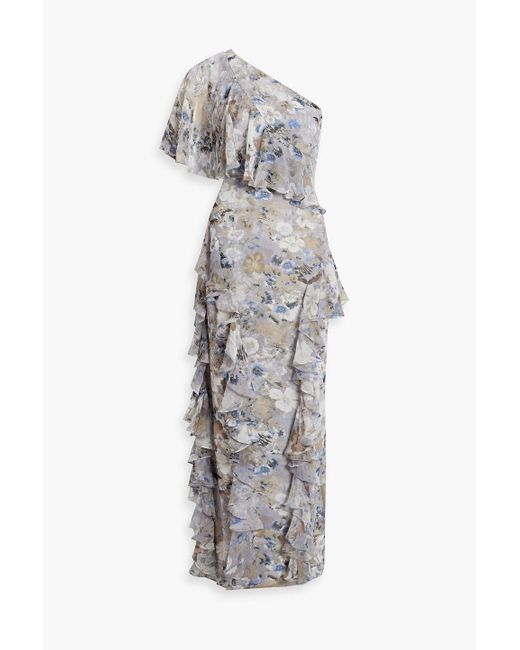 Mikael Aghal Gray One-shoulder Ruffled Floral-print Chiffon Gown