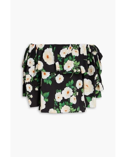 Carolina Herrera Black Off-The-Shoulder Floral-Print Cotton-Blend Poplin Top