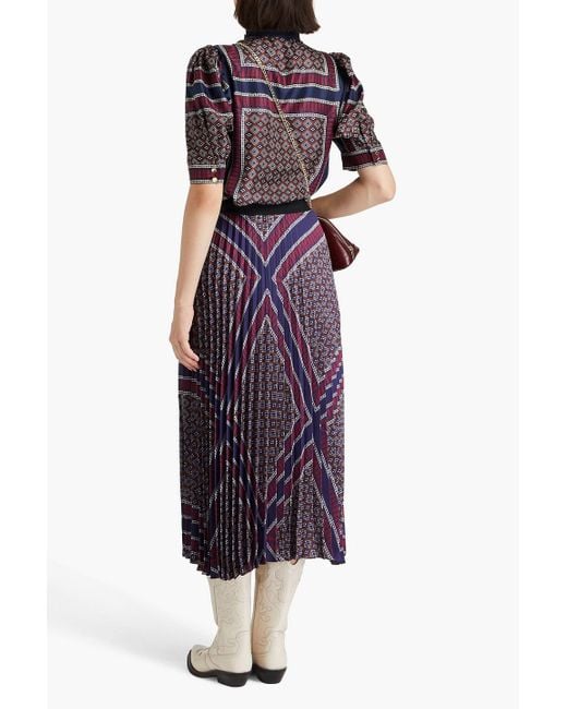 Sandro Purple Pleated Printed Satin-twill Midi Skirt