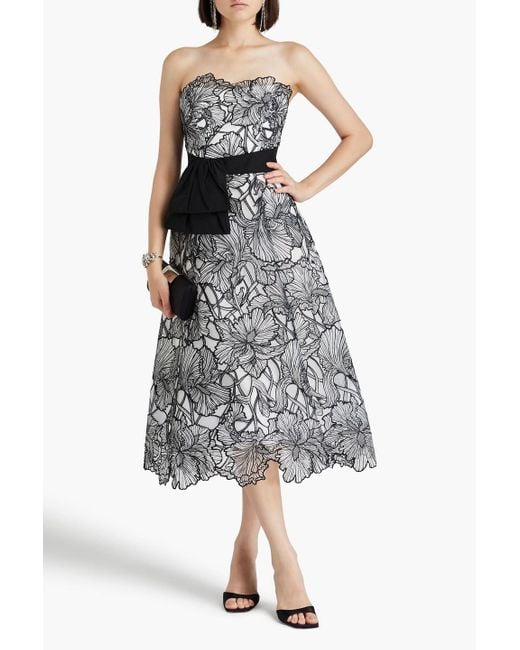 Marchesa Black Strapless Taffeta-paneled Embroidered Tulle Midi Dress