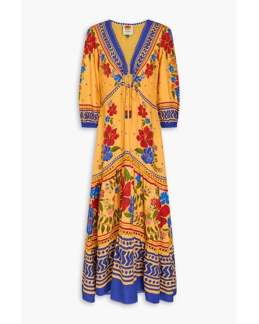 Farm Rio Orange Bead-embellished Floral-print Linen-blend Maxi Dress