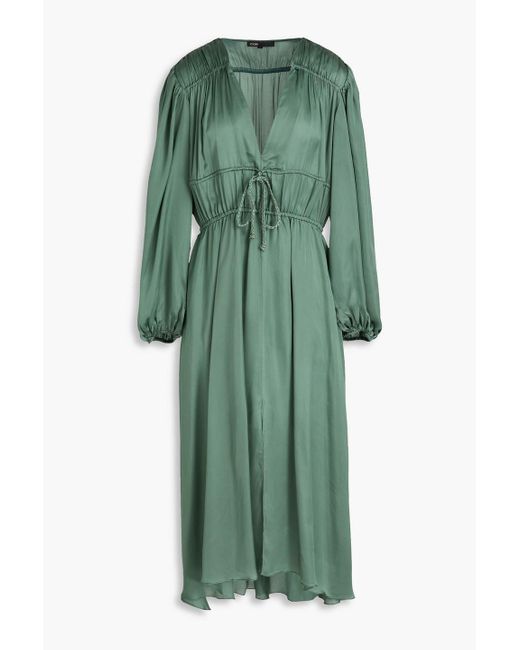 Maje Green Tie-Detailed Cupro-Satin Midi Dress