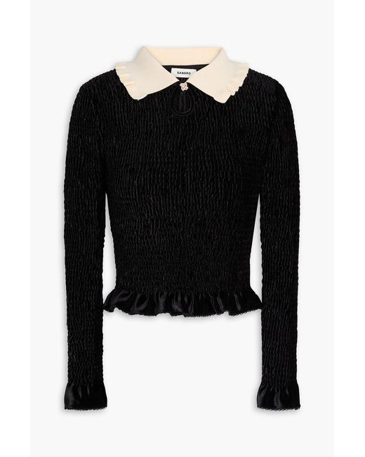 Sandro Black Crystal-Embellished Two-Tone Velour Top