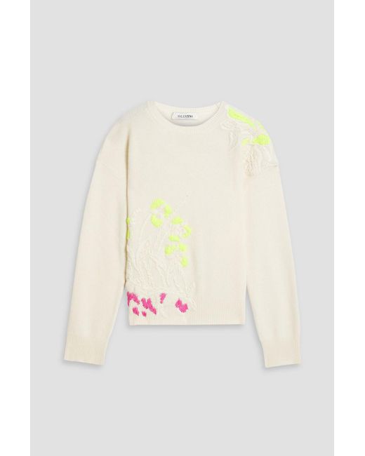 Valentino Garavani Natural Embroidered Wool And Cashmere-blend Sweater
