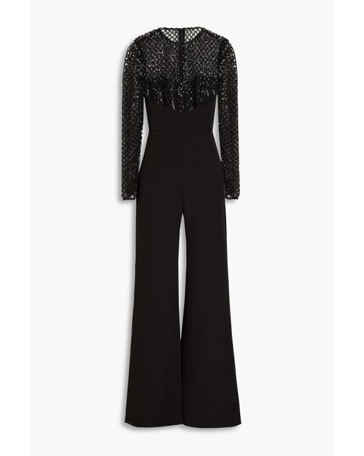 Halston Heritage Black Jac Sequin-embellished Tulle-paneled Crepe Jumpsuit