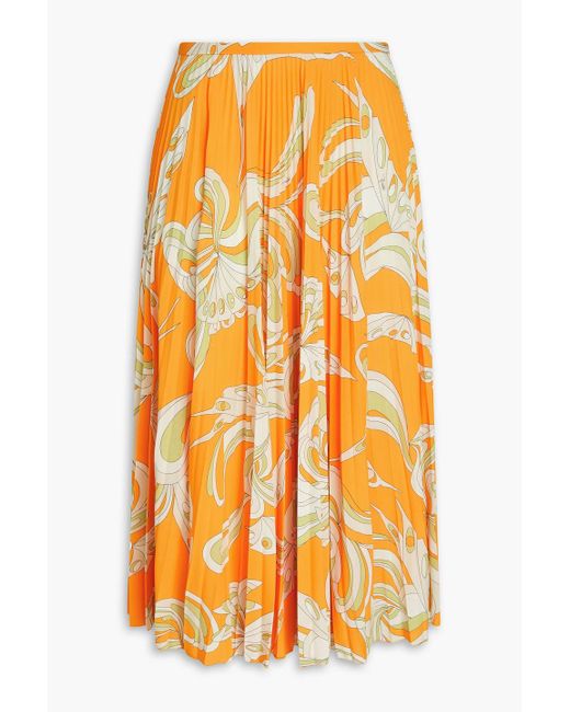 Emilio Pucci Orange Pleated Printed Crepe Midi Skirt