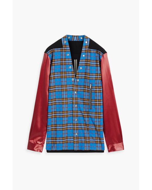 Rick Owens Blue Larry Satin And Crepe-paneled Checked Cotton-flannel Shirt for men