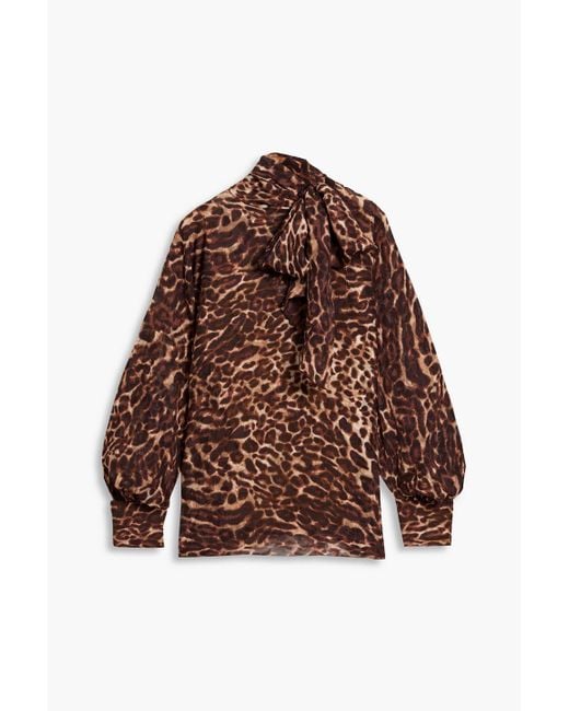 Mikael Aghal Brown Pussy-bow Leopard-print Fil Coupé Chiffon Blouse