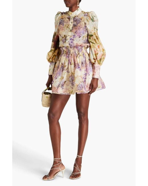 Zimmermann Pink Floral-print Linen And Silk-blend Gauze Mini Skirt