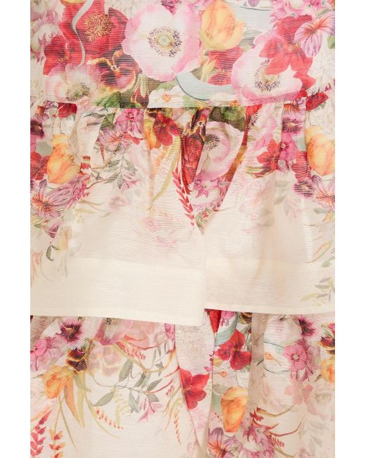 Zimmermann Pink Tiered Floral-print Linen And Silk-blend Gauze Midi Skirt