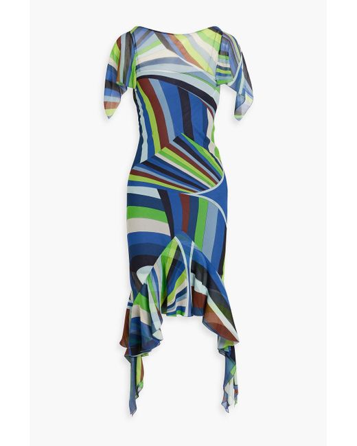 Emilio Pucci Blue Ruffled Printed Silk-georgette Midi Dress