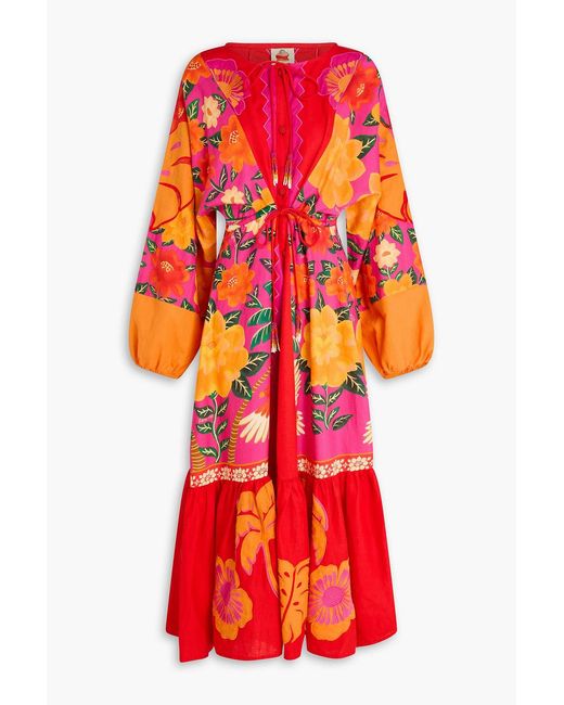 Farm Rio Red Printed Bead-embellished Linen-blend Midi Dress