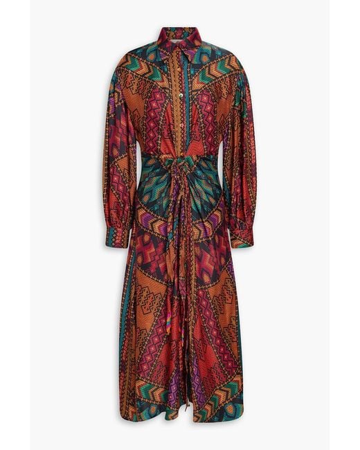 Farm Rio Red Bead-embellished Printed Satin Midi Dress
