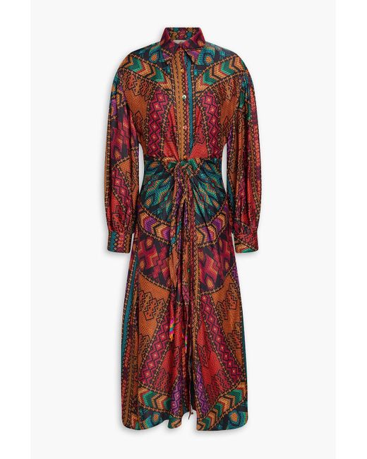 Farm Rio Red Bead-embellished Printed Satin Midi Dress