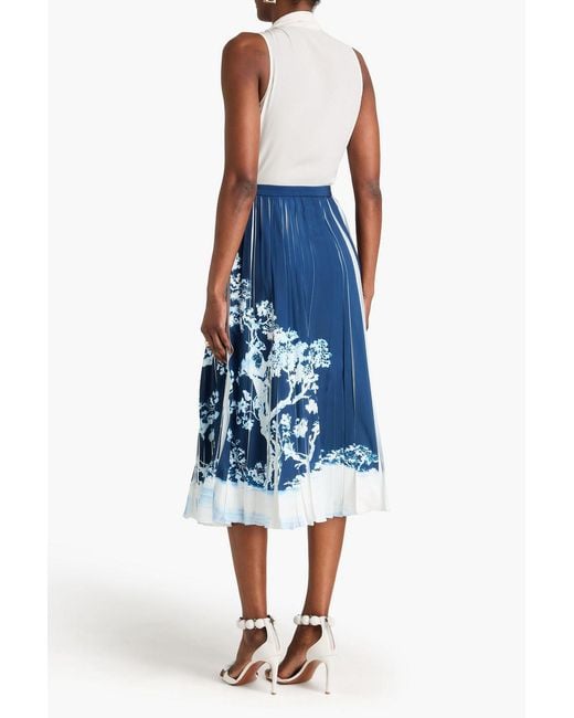 Erdem Blue Pleated Floral-print Crepe Midi Skirt