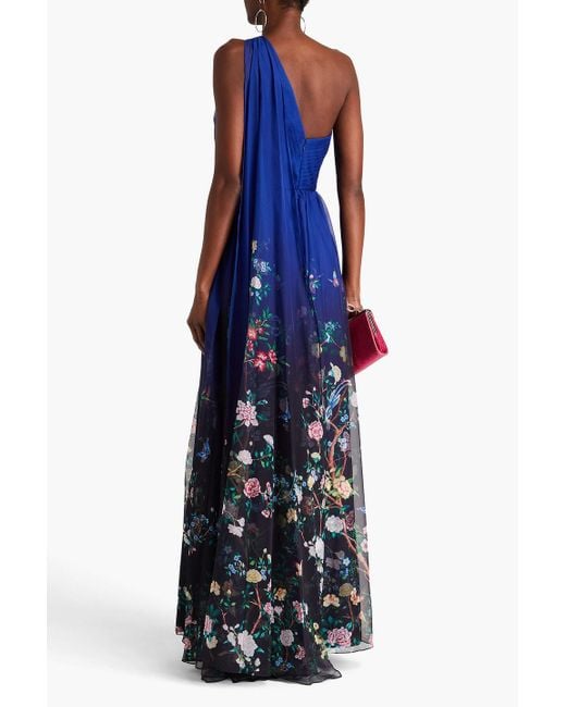 Marchesa Blue One-shoulder Floral-print Chiffon Gown