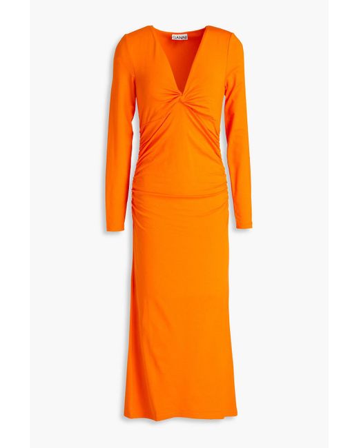 Ganni Orange Twisted Jersey Midi Dress