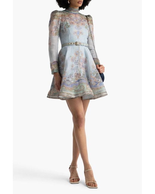Zimmermann Gray Minikleid aus organza aus einer leinen-seidenmischung mit paisley-print und gürtel