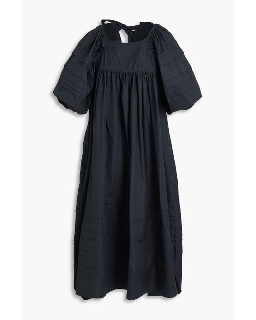 CECILIE BAHNSEN Black Penelope Pintucked Cotton-Poplin Midi Dress