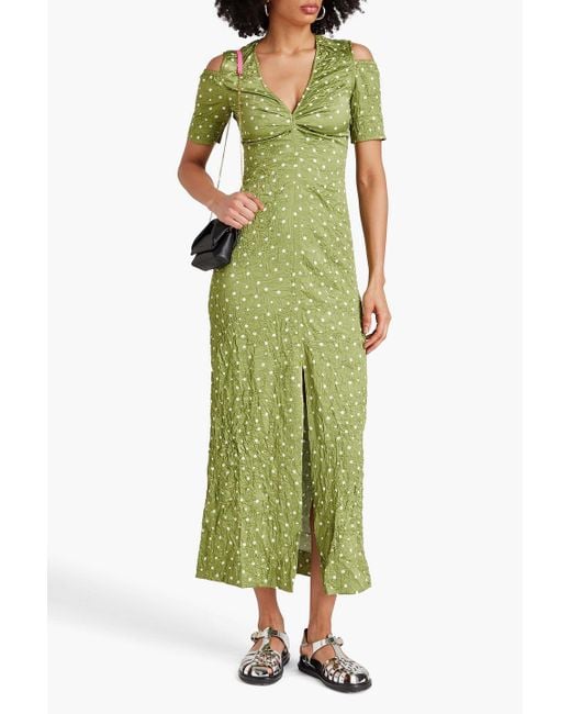 Ganni Green Cold-shoulder Polka-dot Crinkled-satin Midi Dress