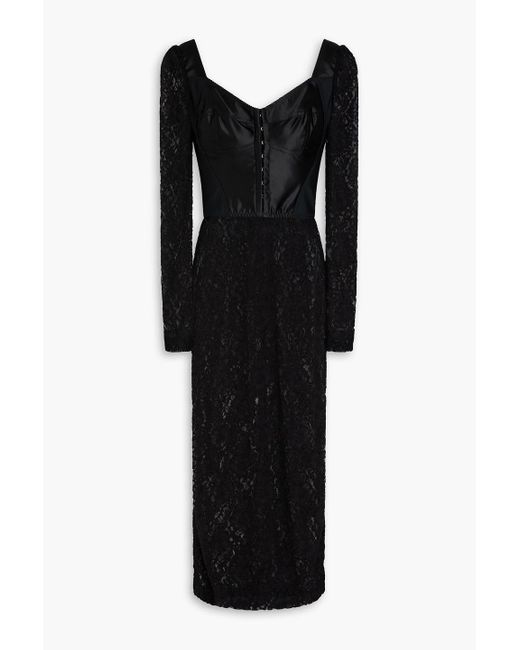 Dolce & Gabbana Black Satin-Paneled Lace Midi Dress