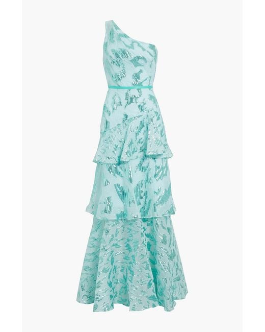 Marchesa Blue One-shoulder Tiered Brocade Gown