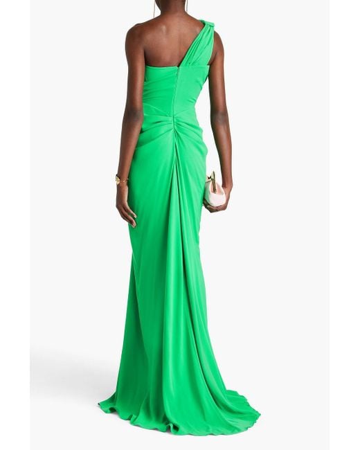 Rhea Costa Green Elena One-shoulder Draped Crepe Gown