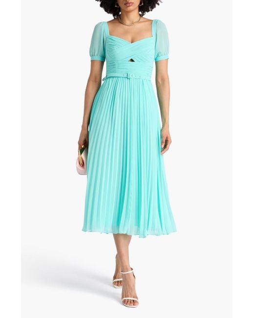 Self-Portrait Blue Belted Pleated Chiffon Midi Dress
