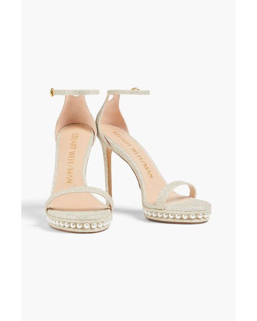 Stuart Weitzman White Faux Pearl-embellished Glittered Lamé Sandals