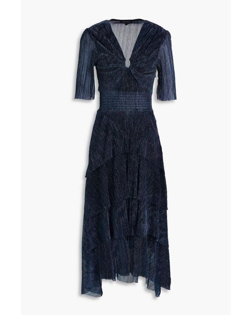 Maje Blue Tiered Lamé Midi Dress