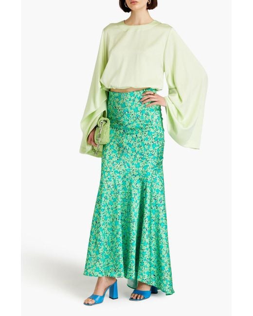 ROTATE BIRGER CHRISTENSEN Green Ruched Floral-print Satin Maxi Skirt