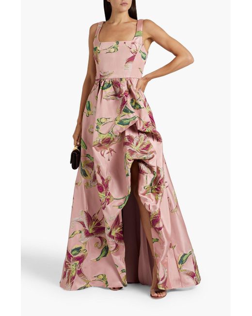 Marchesa Pink Gathered Brocade Gown